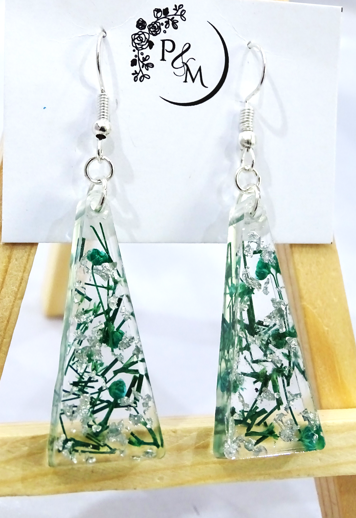 Earrings with Preserved Green Flower Petals