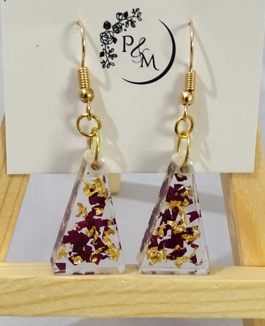 Earrings with Preserved Maroon Flower with Golden Flakes