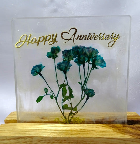 Night Lamp with "Happy Anniversary" with Preserved Wild Rose Flowers