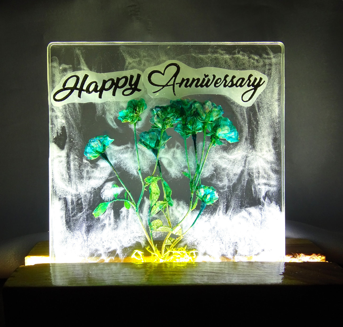 Night Lamp with "Happy Anniversary" with Preserved Wild Rose Flowers