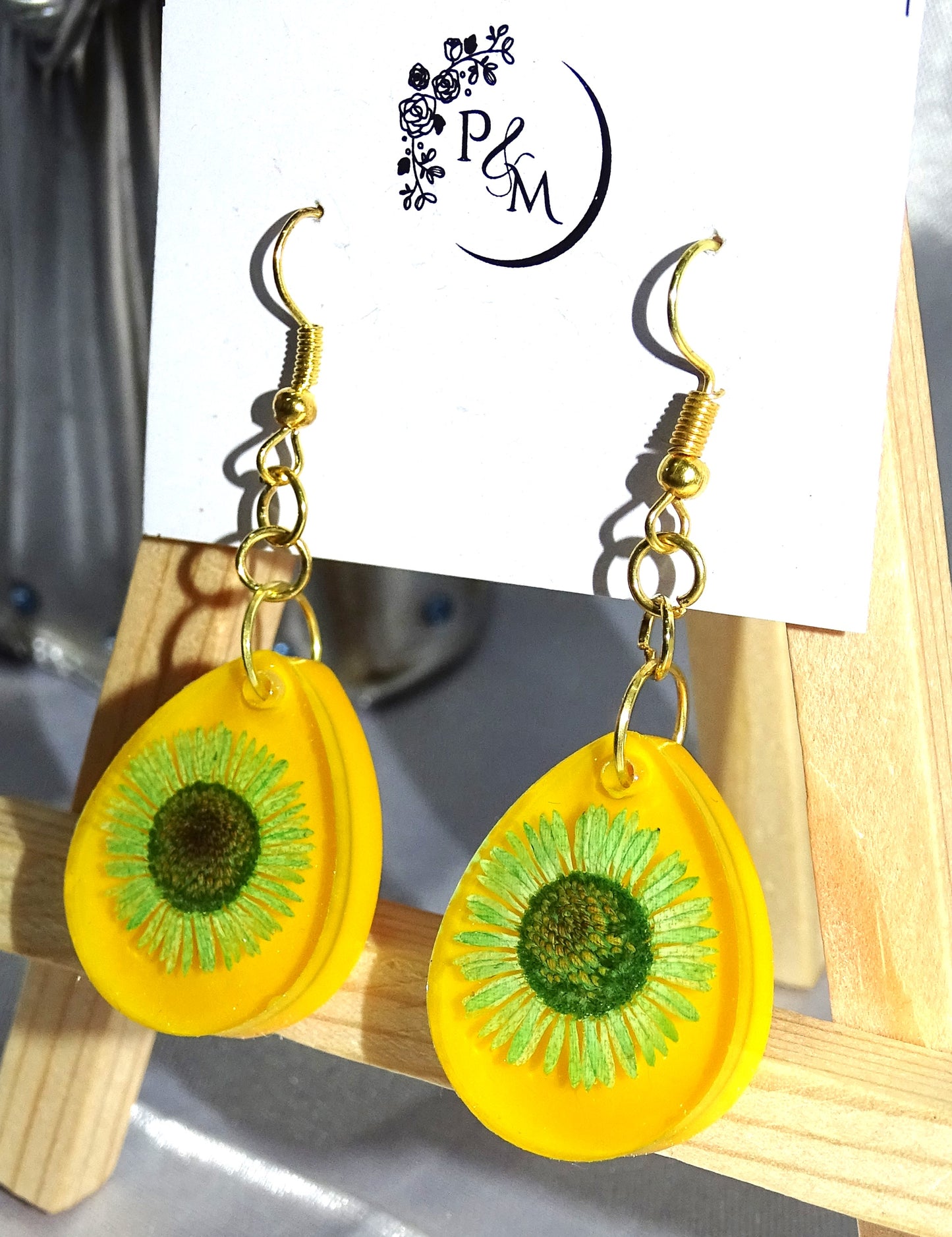 Decorative Earrings with Preserved Daisy Flower in Bright Yellow