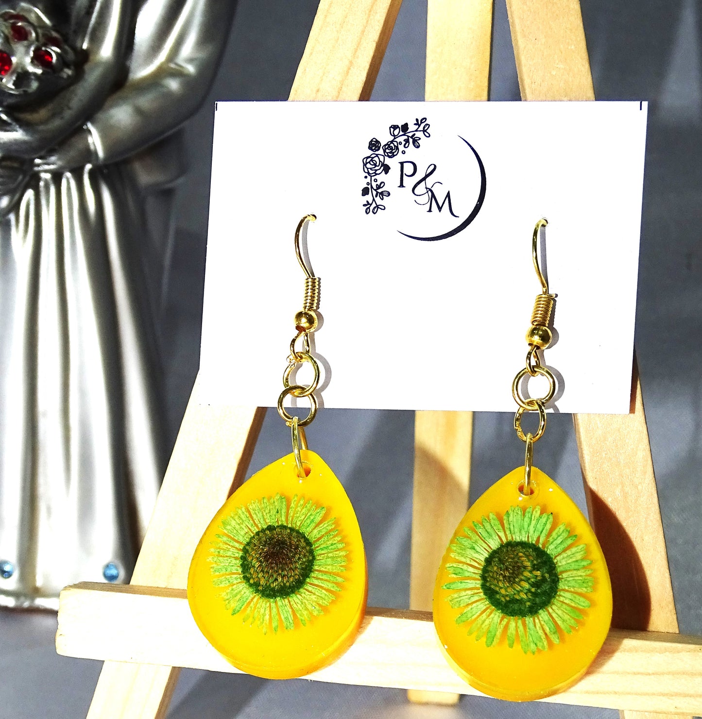 Decorative Earrings with Preserved Daisy Flower in Bright Yellow