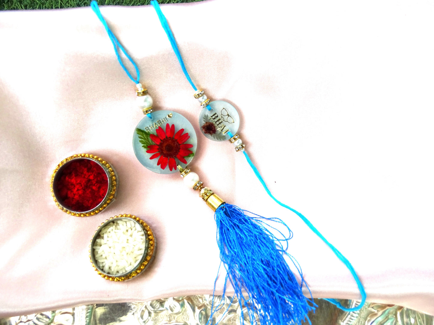 Designer "BHAI-BHABHI" Rakhi (Set of 2) with Roli & Chawal