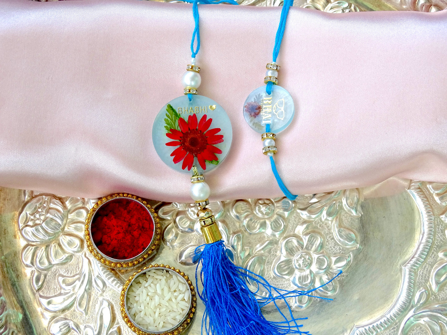 Designer "BHAI-BHABHI" Rakhi (Set of 2) with Roli & Chawal