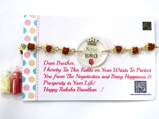 Rudraksh Rakhi with Preserved Flower (Special Message "King Bro" and "Happy Raksha Bandhan" With Roli and Chawall