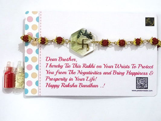 "The Swastik" Rakhi with Preserved Flower (Special Message "Happy Raksha Bandhan") With Roli and Chawall