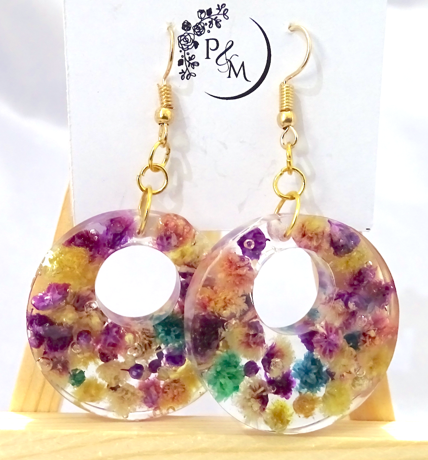 Earrings with Preserved Multicolor Flowers