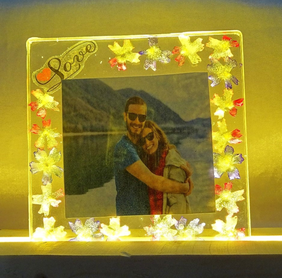 Night Lamp with Photoframe  "My Love" with Real Preserved Flowers